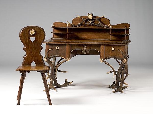 Appraisal: ANTLER DESK AND SIDE CHAIR Continental ca - of oak