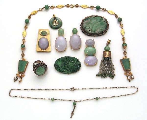 Appraisal: A collection of jade and k gold jewelry including four