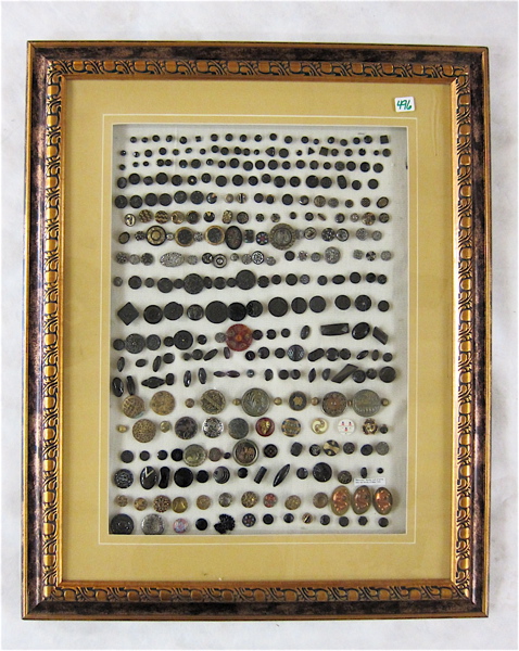 Appraisal: FRAMED BUTTON COLLECTION consisting of early resin black glass metal