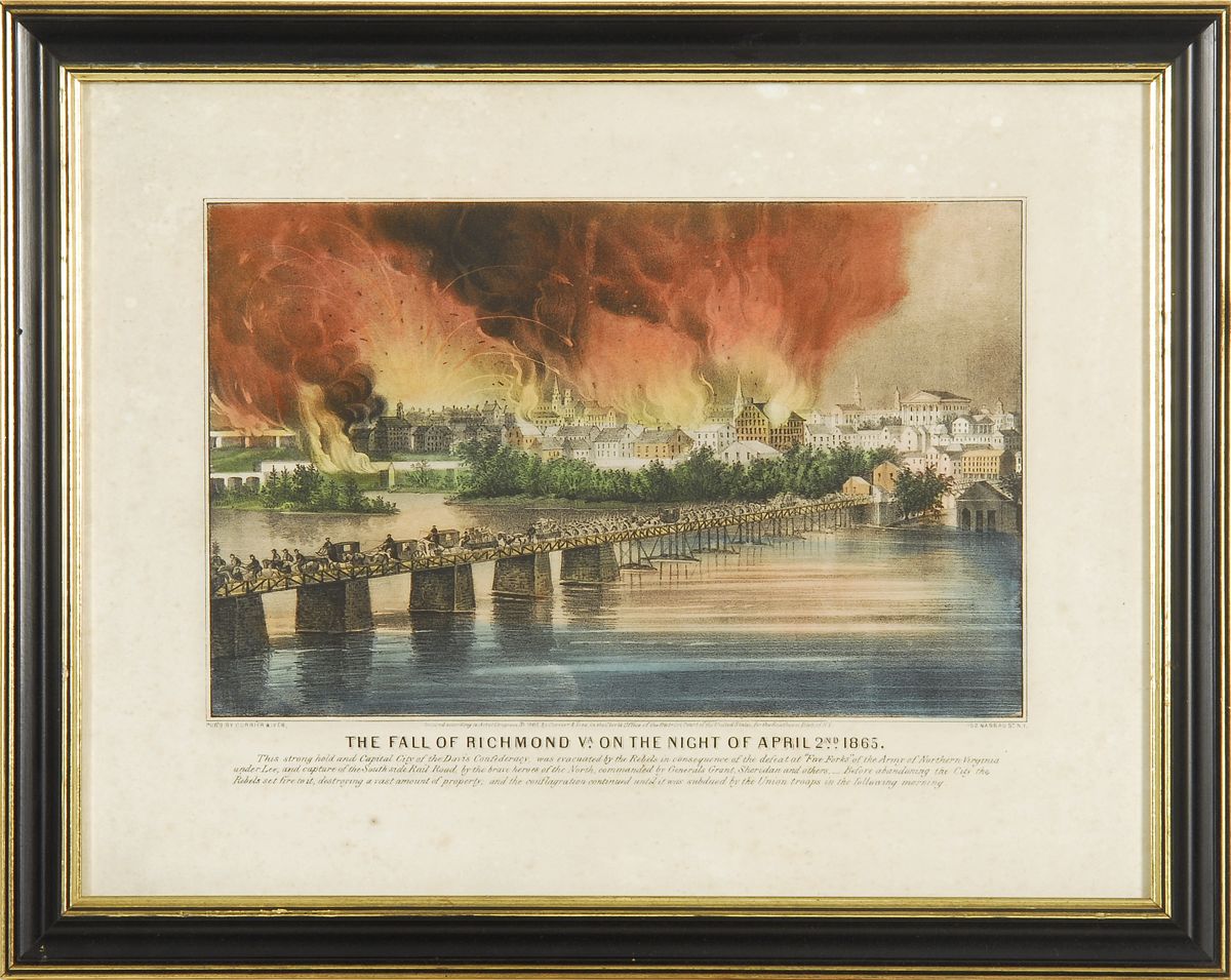 Appraisal: FRAMED CURRIER IVES COLORED LITHOGRAPH The Fall of Richmond VA