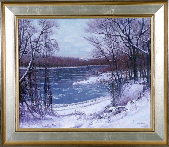 Appraisal: View from Above Center Bridge winter landscape painted with oil