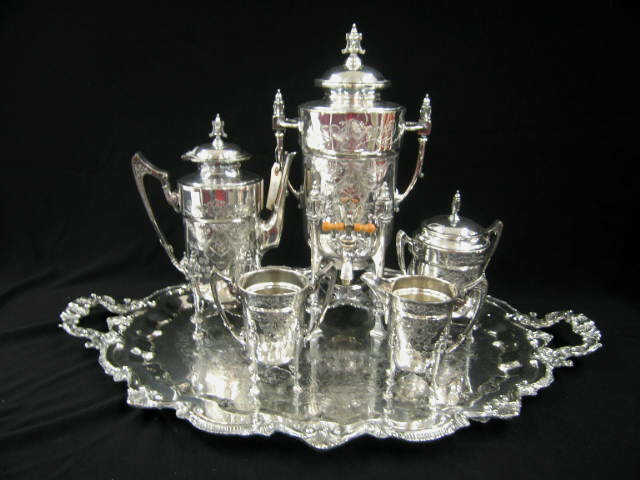 Appraisal: Victorian Silverplate Tea Coffee Service with hot water kettle burner