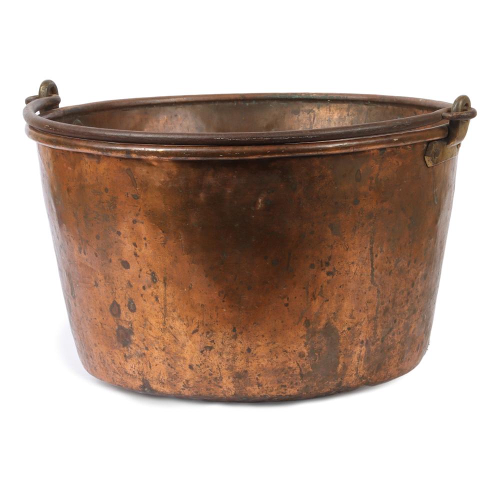 Appraisal: HUGE DIAMETER COPPER POT WITH ARCHING SWING HANDLE H X