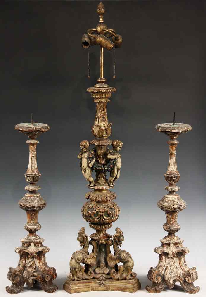 Appraisal: EARLY ITALIAN PRICKETS - Pair of th c Polychrome and