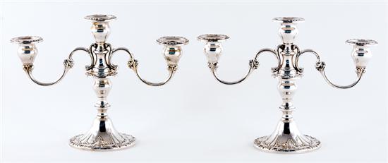 Appraisal: Pair Gorham sterling three-light candelabra rococo center stem supporting scrolling