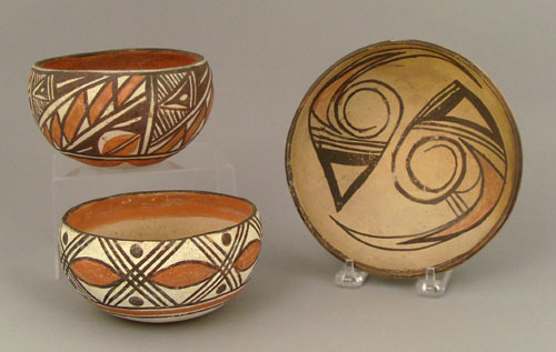 Appraisal: Two Zuni pottery bowls with orange and black geometric lines