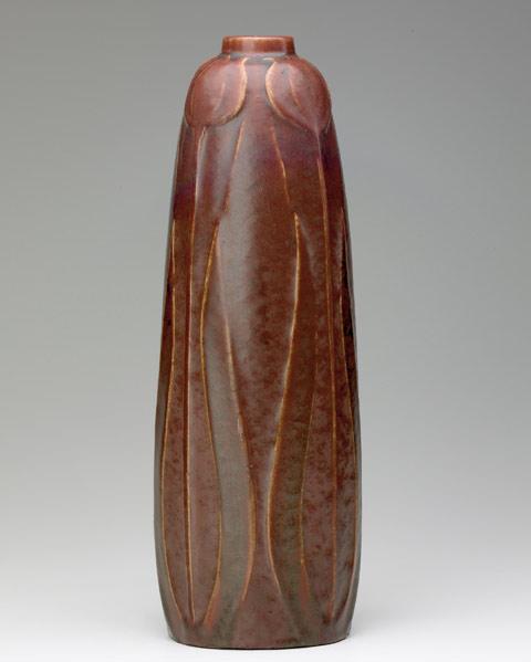 Appraisal: VAN BRIGGLE Tall ovoid vase embossed with tulips under a