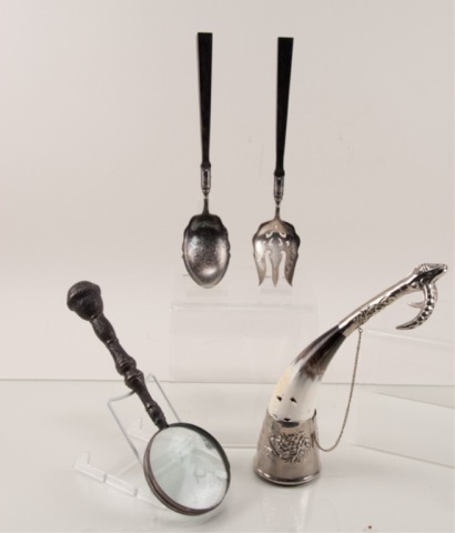 Appraisal: Two Serving Utensils Mag Glass Horn To include four pieces