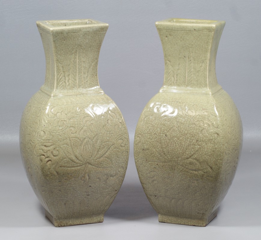 Appraisal: Pair of Chinese Incised Celadon Vases drilled for lamps -