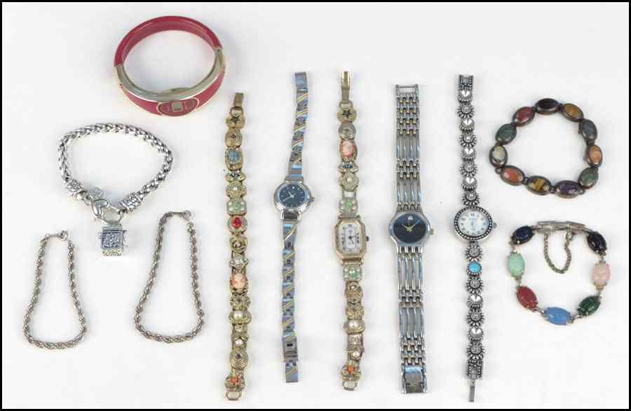 Appraisal: STERLING SILVER AND SEMI-PRECIOUS STONE BRACELET Together with five watches