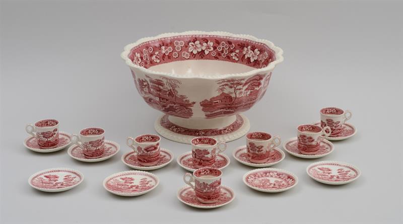 Appraisal: COPELAND RED TRANSFER-PRINTED FOOTED PUNCH BOWL AND EIGHT MATCHING DEMITASSE