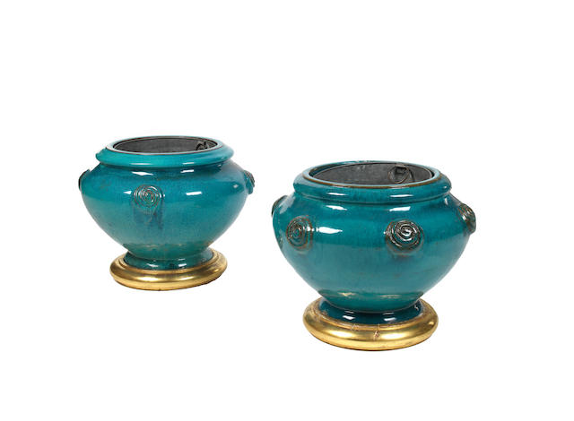 Appraisal: A pair of decorative turquoise glazed stoneware jardini res of