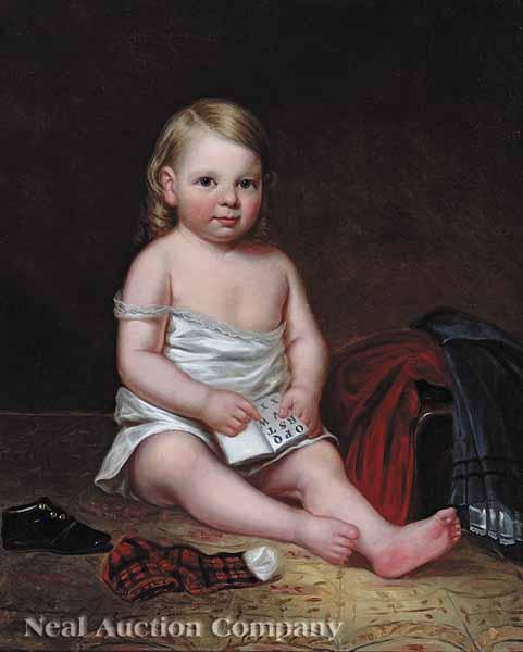 Appraisal: English School th c Young Child with Alphabet Book oil