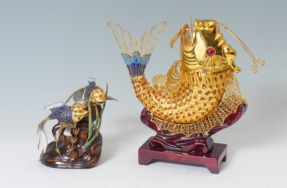 Appraisal: CHINESE ENAMELED GILT SILVER FISH pieces total to include Gilt