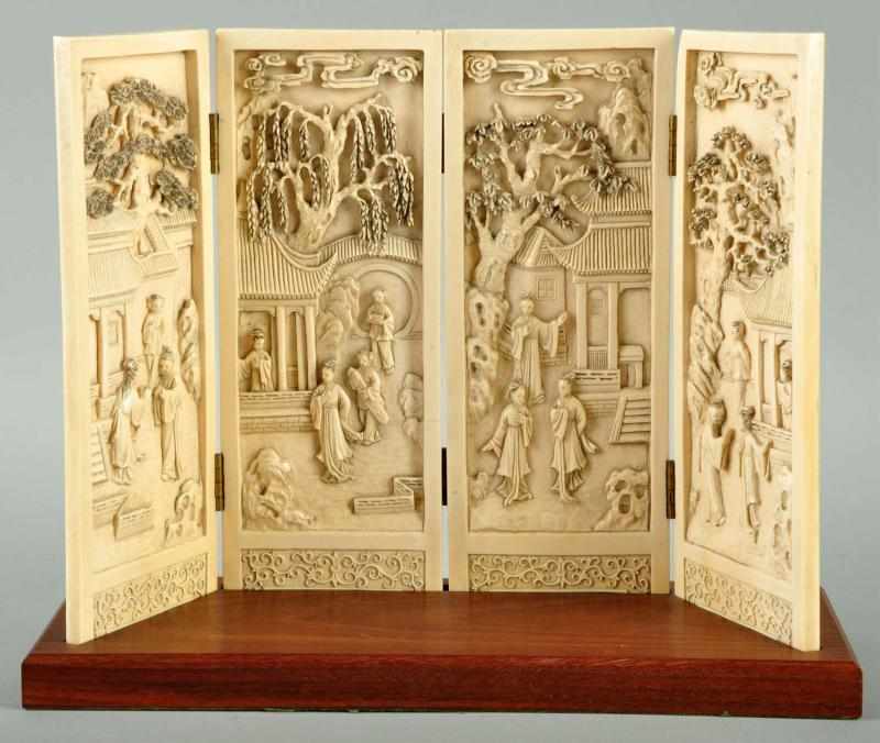 Appraisal: Authentic Ivory Panel Screen with Wooden Stand Description Highly carved