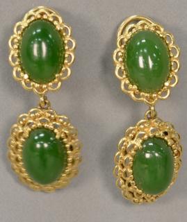 Appraisal: Pair of green jade earrings set in K gold Pair