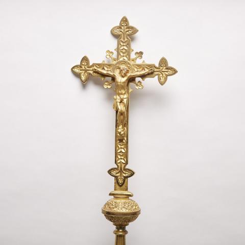 Appraisal: French Gilt Bronze Processional Crucifix early th century on turned