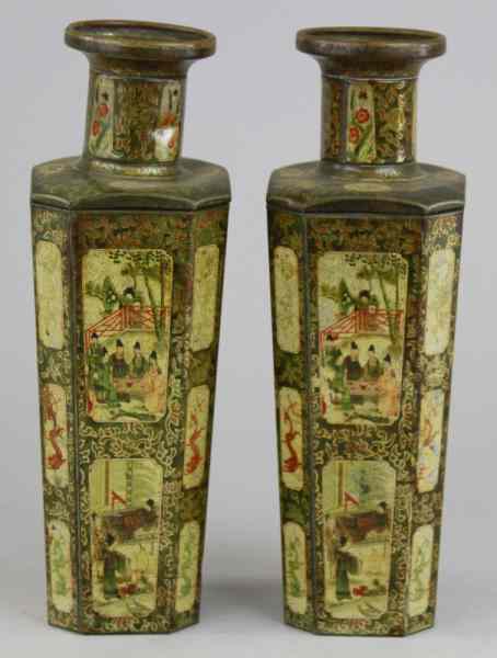 Appraisal: HUNTLEY PALMERS VASES PEDESTAL BISCUIT TINS England lithographed tin oriental