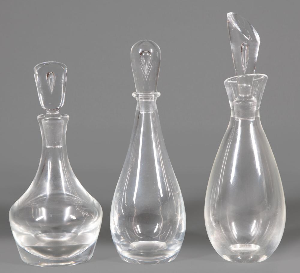 Appraisal: Set of Three Steuben Glass Tear-Drop Decanters etched marks incl