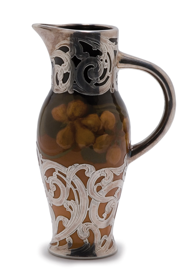 Appraisal: Rookwood Pottery Standard Glaze Pitcher with Silver Overlay Estimate -