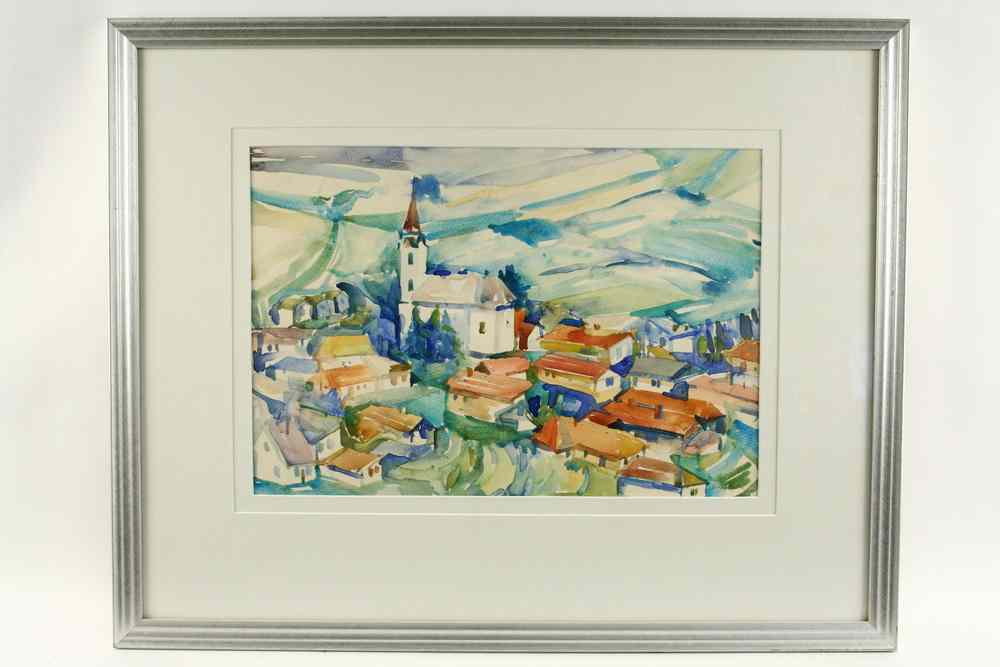 Appraisal: W C - Village Scene with Church by Liesko Karcapi