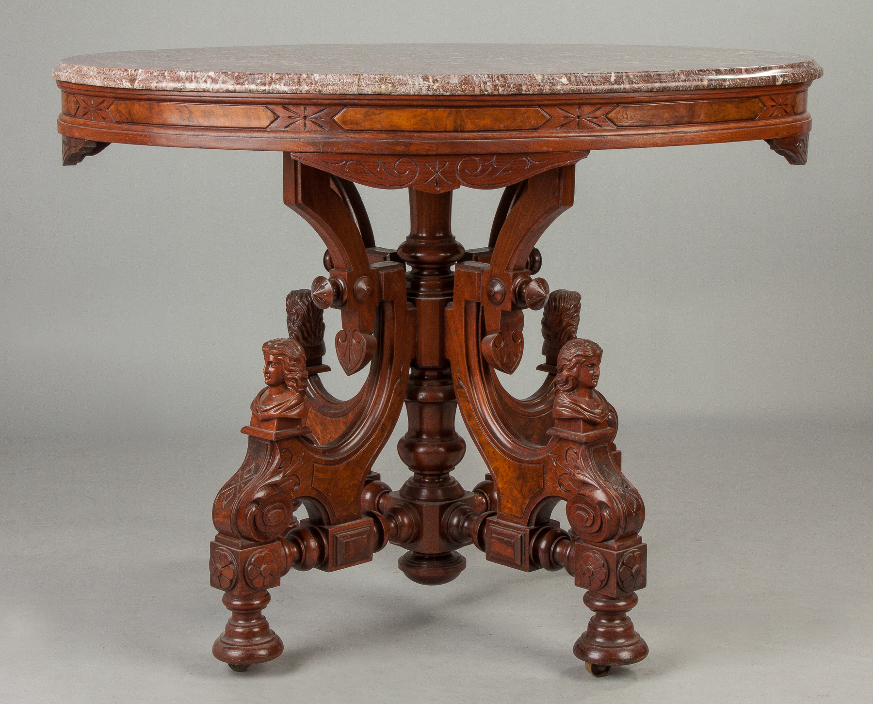 Appraisal: Victorian Walnut and Burl Marble Top Center Table with Figures