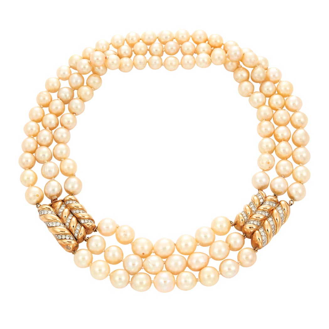 Appraisal: Three Strand Pearl Necklace with Gold and Diamond Clasp Pearls