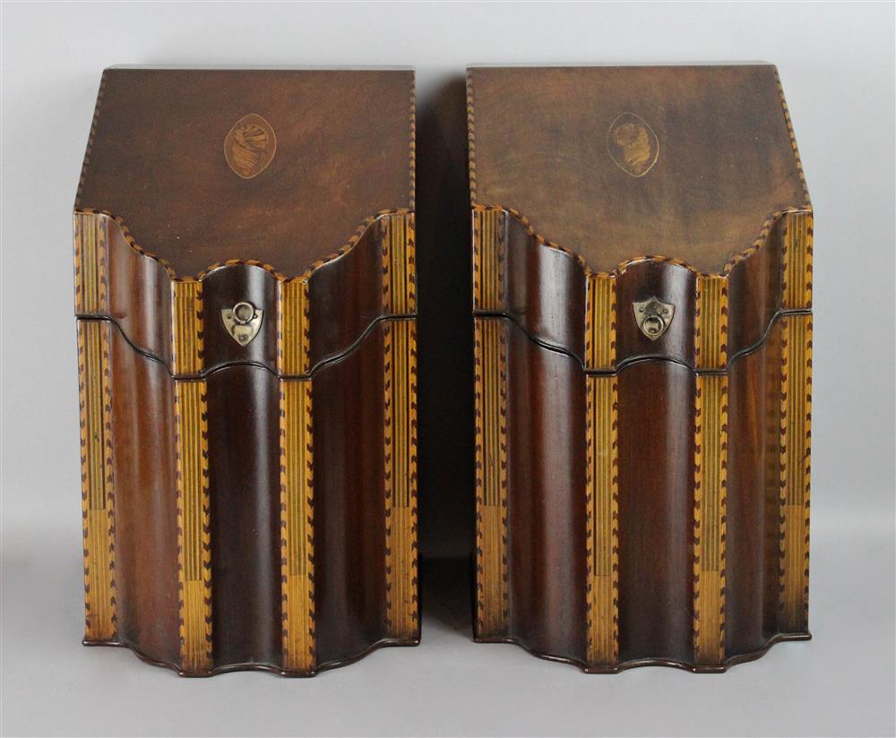 Appraisal: PAIR OF GEORGE III STYLE INLAID MAHOGANY KNIFE BOXES having