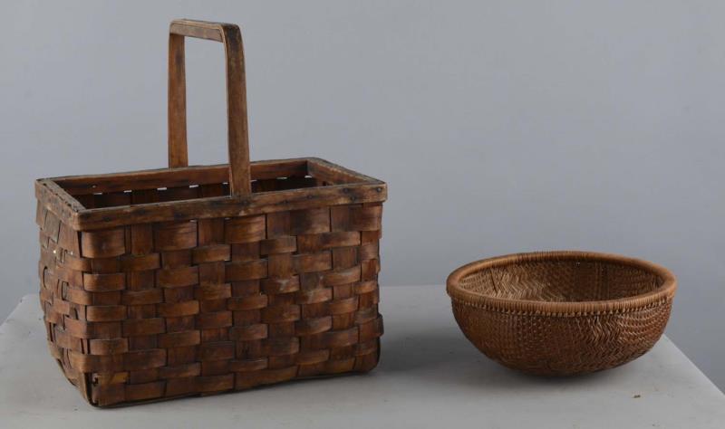 Appraisal: Lot of Baskets Rectangular Round One woven slat gathering basket