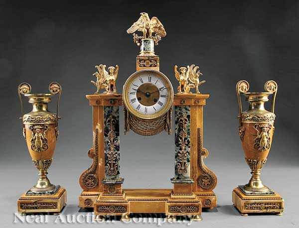 Appraisal: An Antique French Gilt Bronze and Marble Three-Piece Clock Garniture