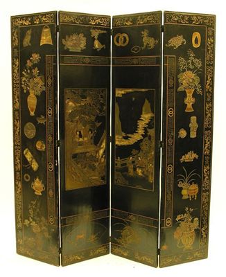 Appraisal: An oriental lacquer four fold screen with incised and polychrome