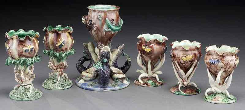 Appraisal: Thomas Sergent French majolica vases including bulb vases applied with