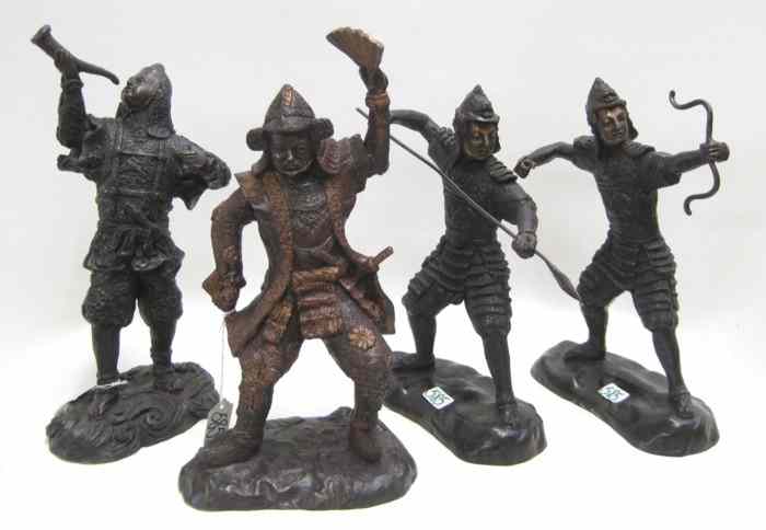 Appraisal: FOUR BRONZE SAMURAI SCULPTURES Samurai with spear ''H one holding