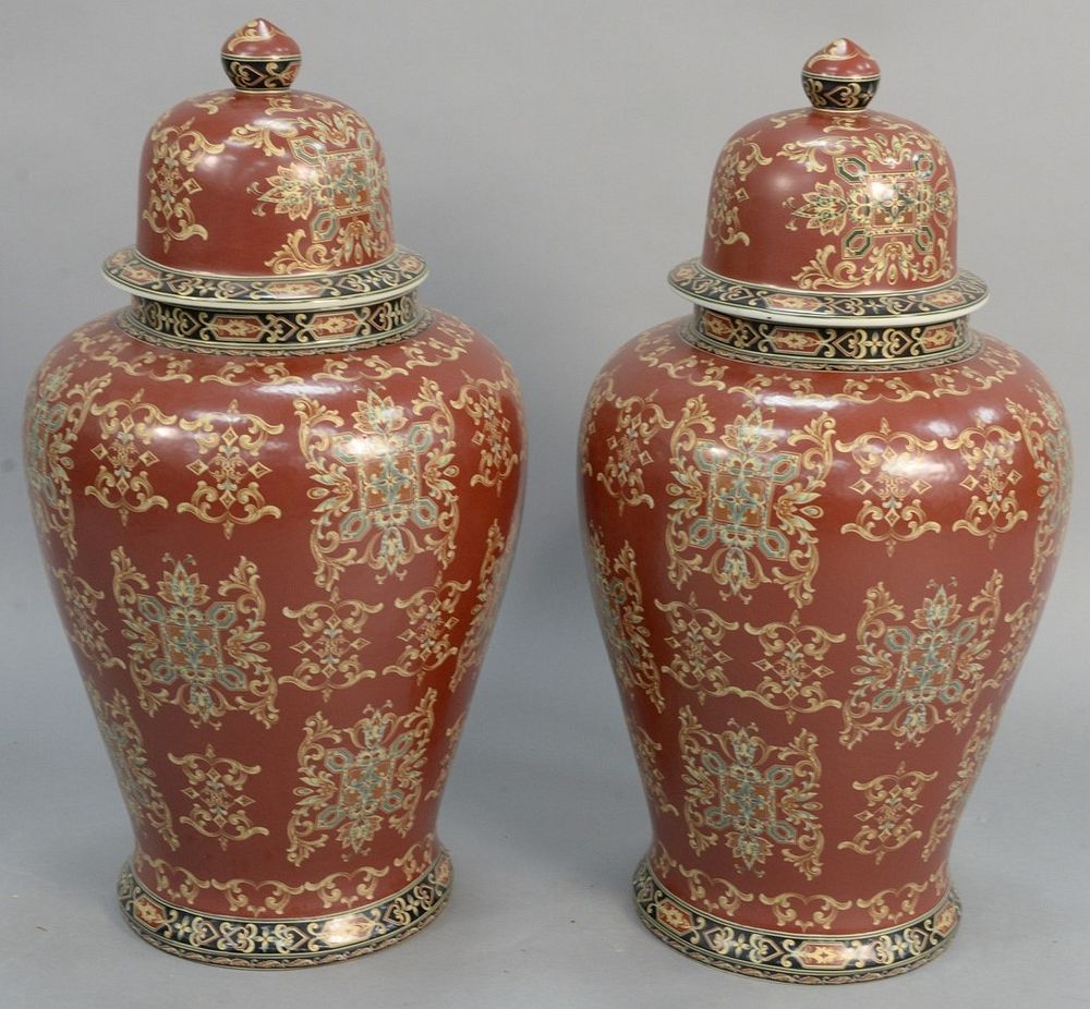 Appraisal: Pair large porcelain covered urns red mark on bottom ht