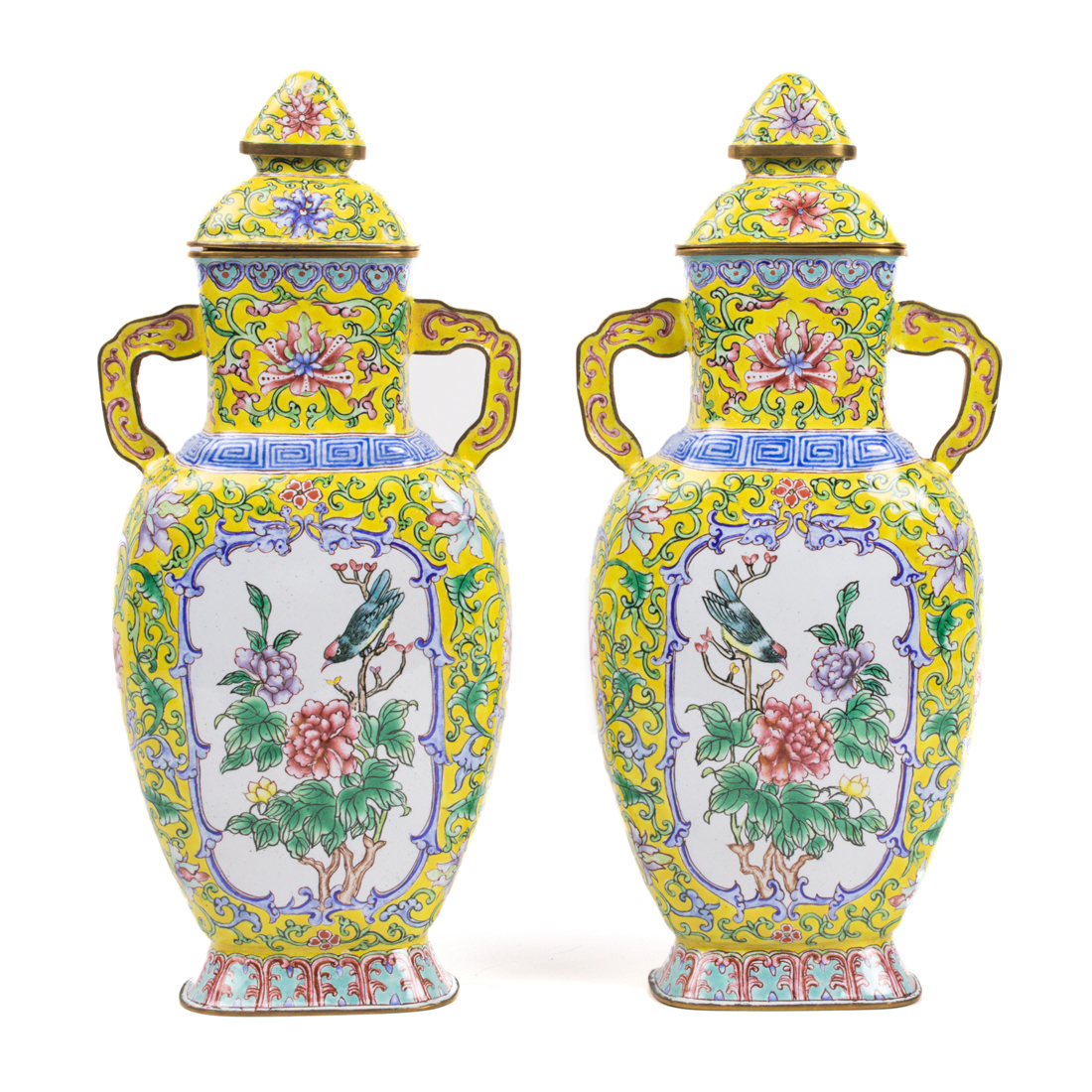 Appraisal: PAIR OF CHINESE CANTON ENAMEL LIDDED URNS Pair of Chinese