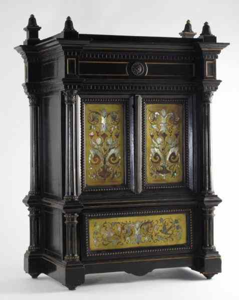 Appraisal: Renaissance Style Miniature Cabinetcirca ebonized cherry cabinet with gilt copper