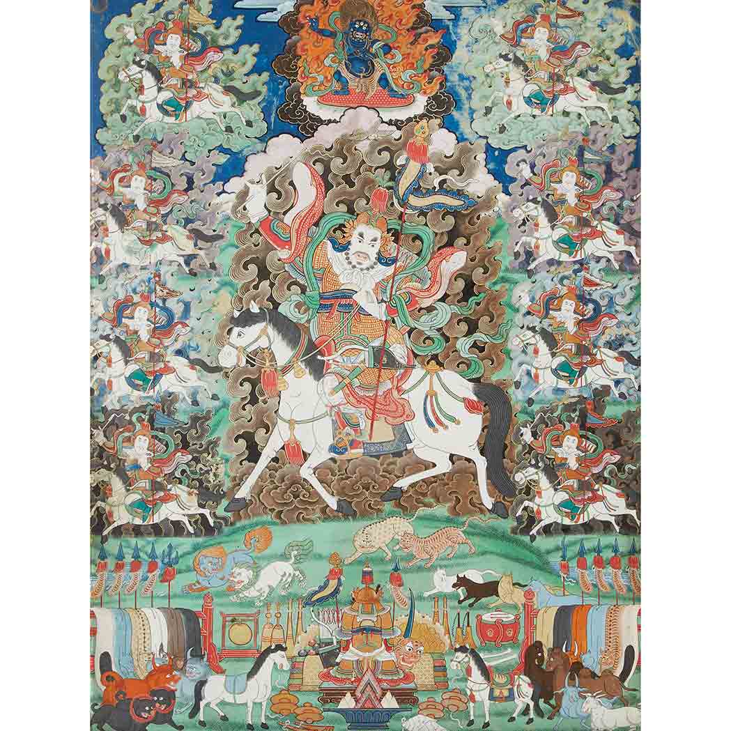 Appraisal: Tibetan Thangka Late th century Depicting Dralha mounted on the