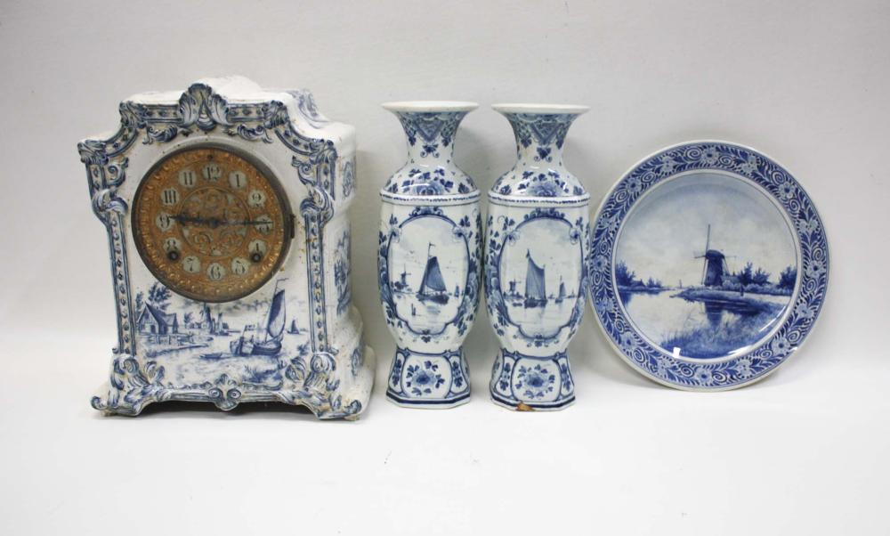 Appraisal: COLLECTION OF FOUR DELFTWARE ARTICLES comprised of Ansonia mantel clock