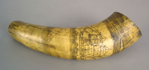 Appraisal: Engraved powder horn mid th c with a primitive whaling