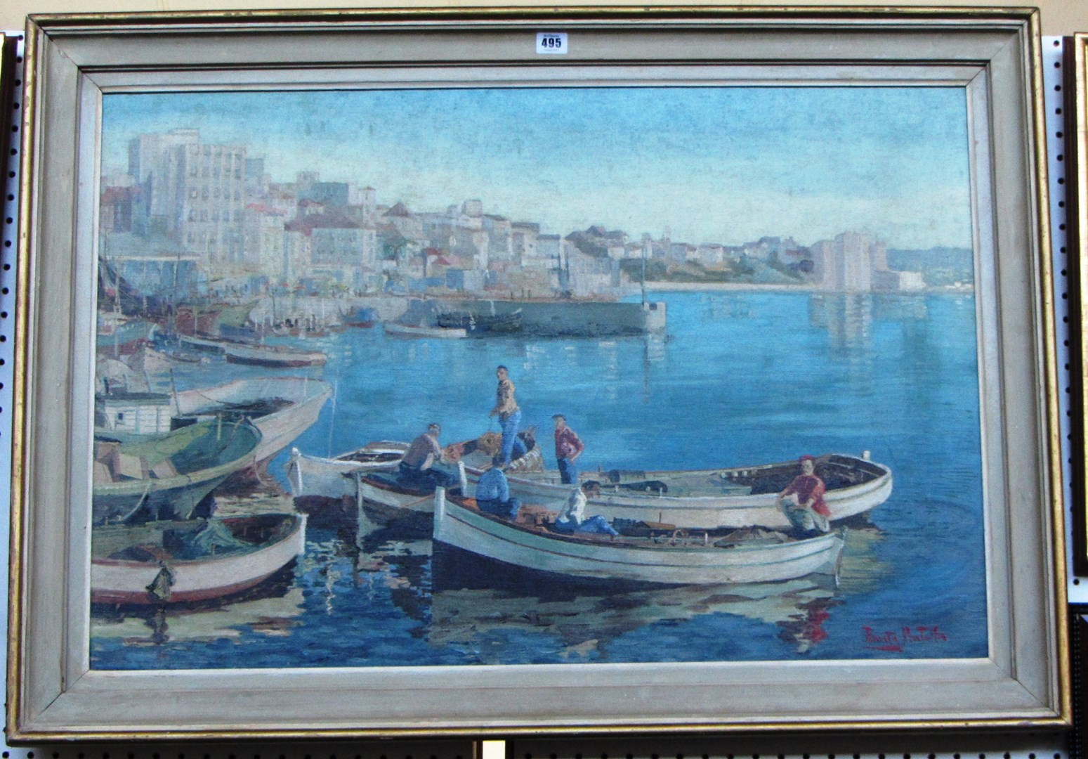 Appraisal: Fausto Pratella - Harbour scene with fishermen in boats oil