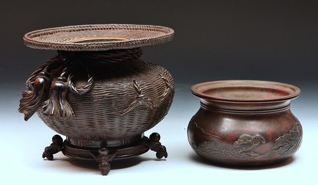 Appraisal: Japanese bronze jardiniere with coverdecorated with a landscape scene late