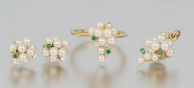 Appraisal: A Ladies' Cluster Pearl Emerald and Diamond Set The set