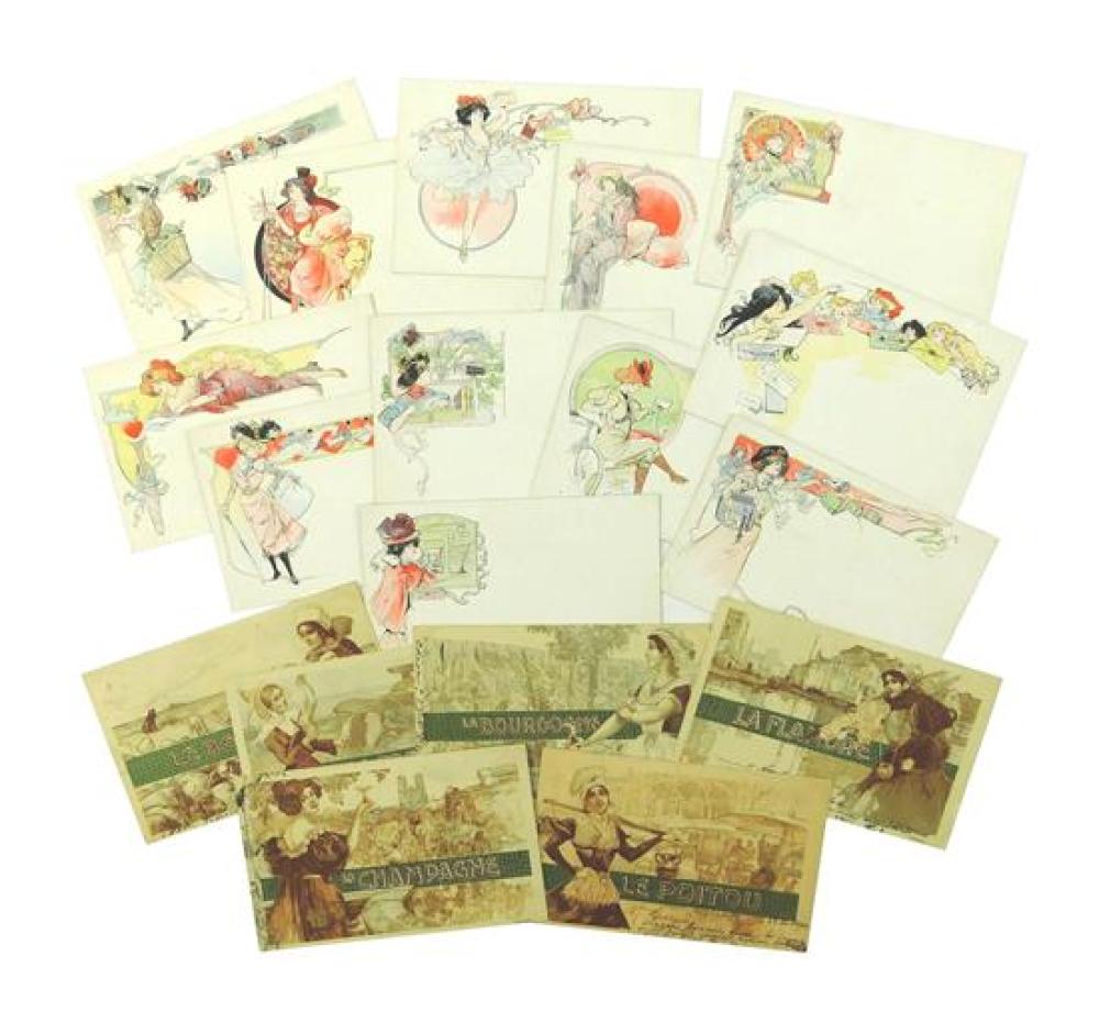 Appraisal: EPHEMERA Eighteen Nouveau Deco postcards including twelve from a series