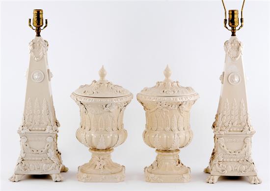 Appraisal: Staffordshire creamware covered urns and lamps Peter Weldon pair of