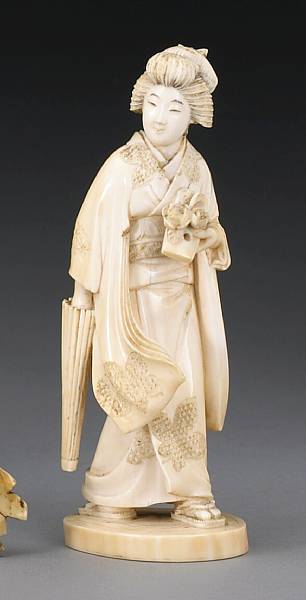 Appraisal: An ivory okimono of a beauty Early th Century Portrayed