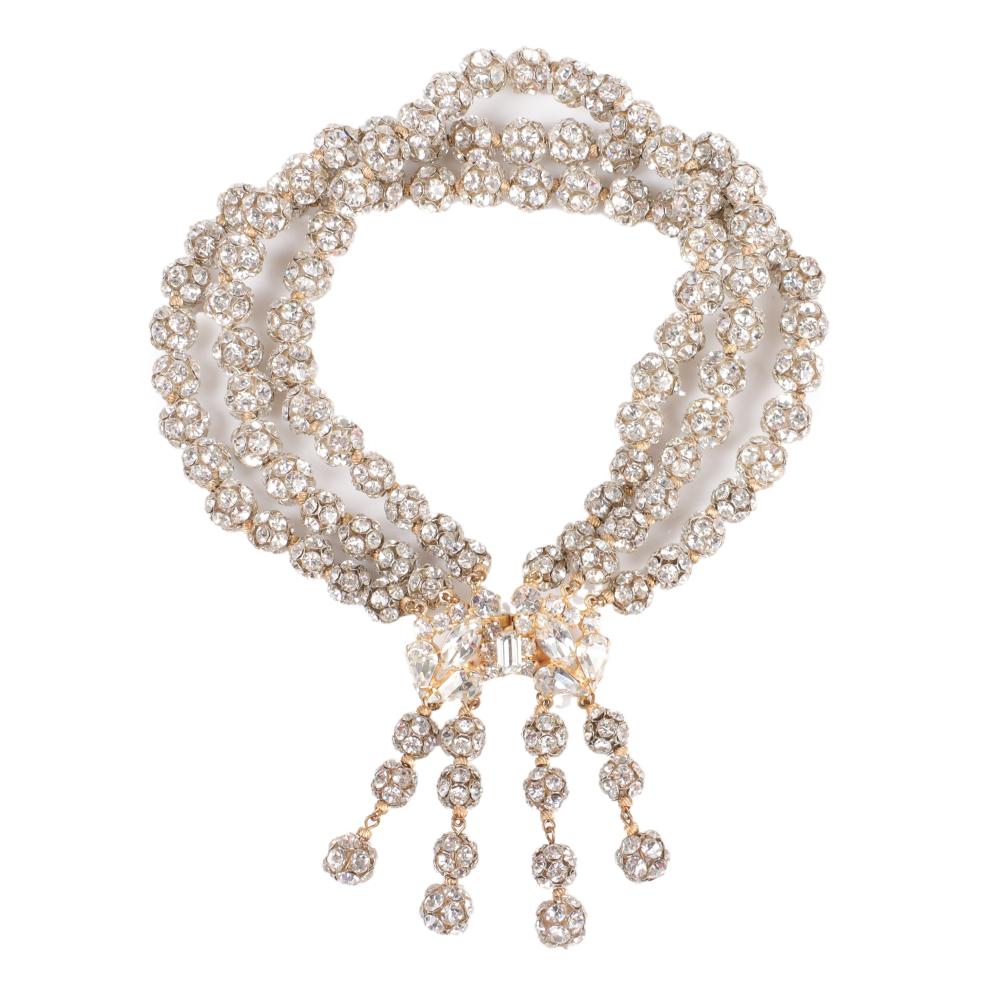 Appraisal: FRENCH DESIGNER TRIPLE STRAND DIAMANTE CHOKER NECKLACE WITH DANGLING RHINESTONE