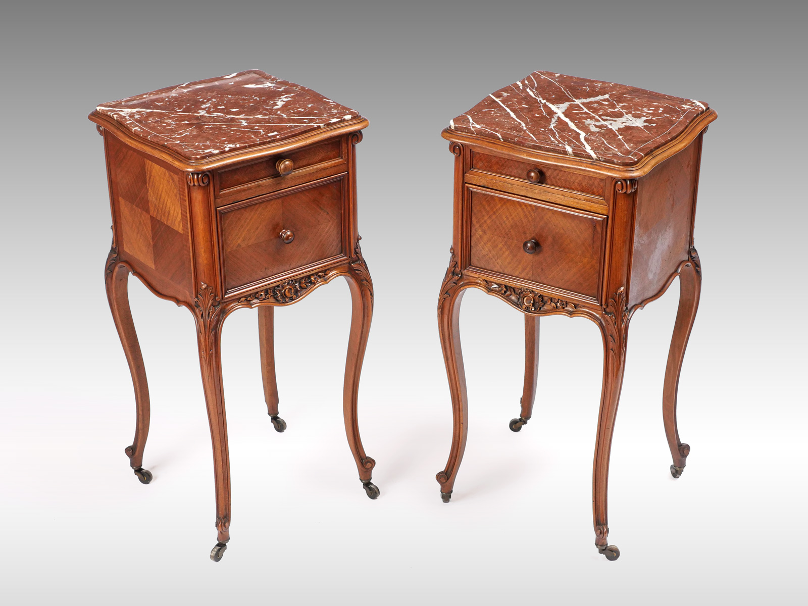 Appraisal: PAIR OF FRENCH MARBLE TOP NIGHTSTANDS Two French nightstands having