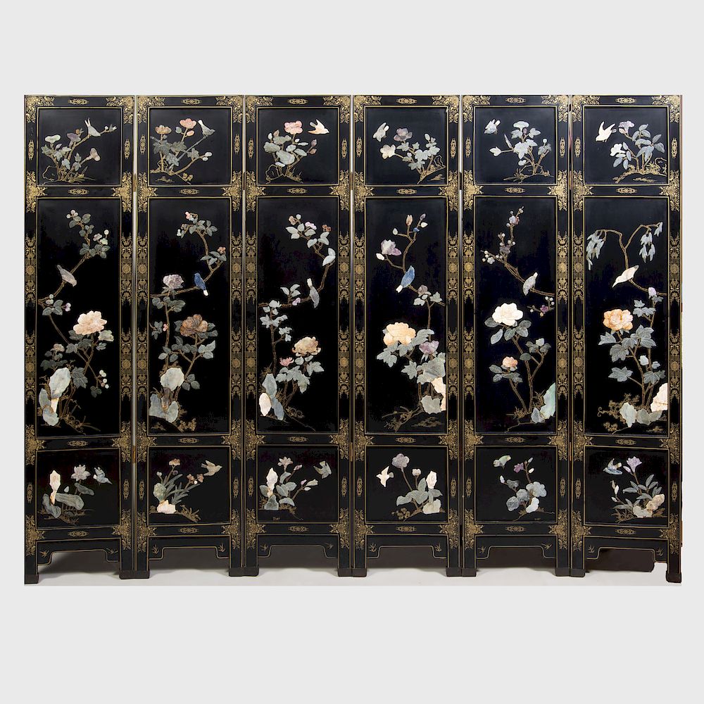 Appraisal: Chinese Black Lacquer Parcel-Gilt and Hardstone Six-Panel Screen Each panel