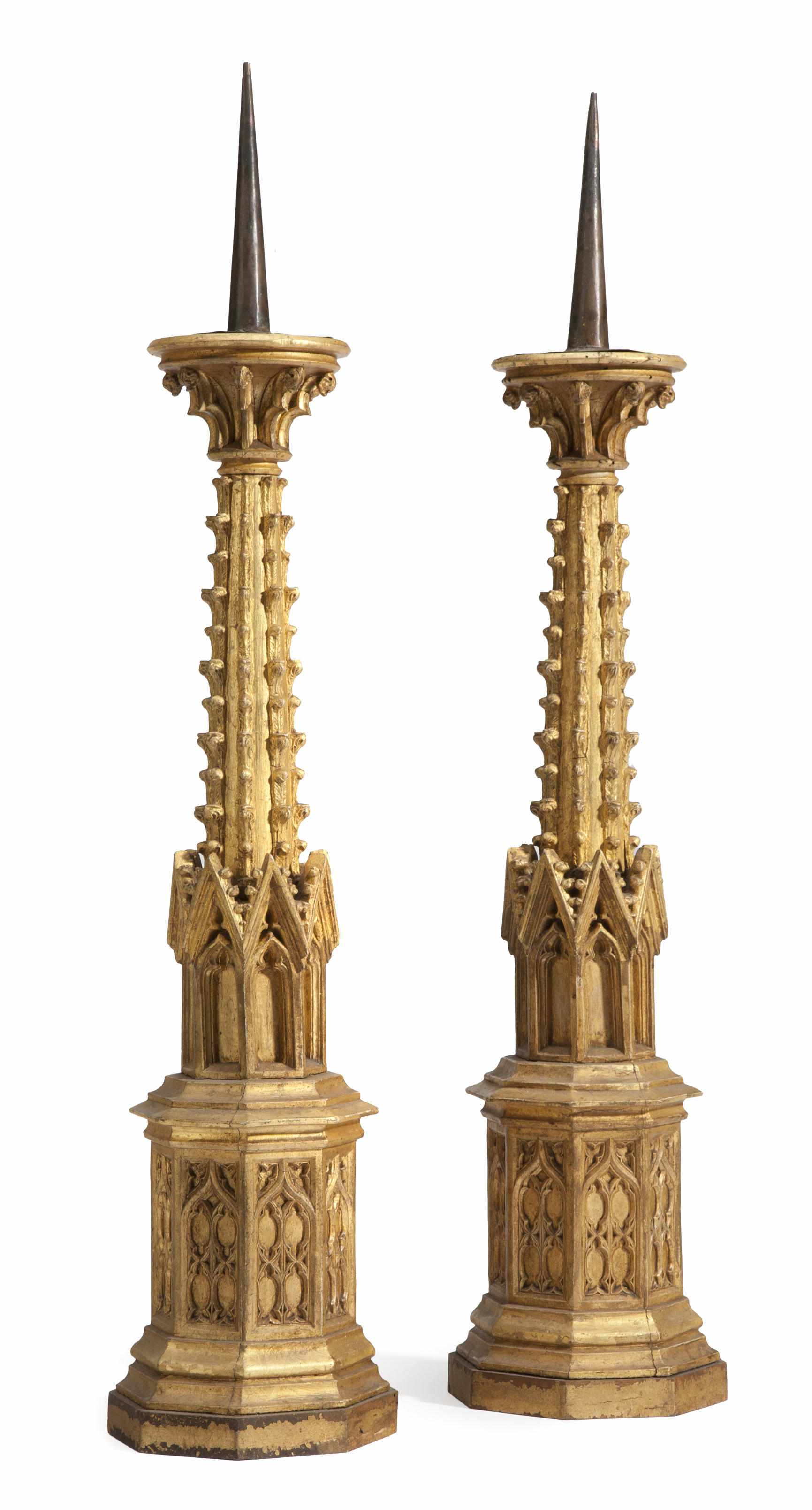 Appraisal: A pair of French Gothic Revival carved giltwood prickets late