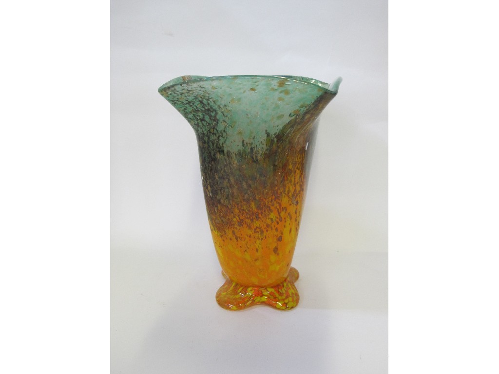 Appraisal: Monart style glass vase in green and orange with aventurine